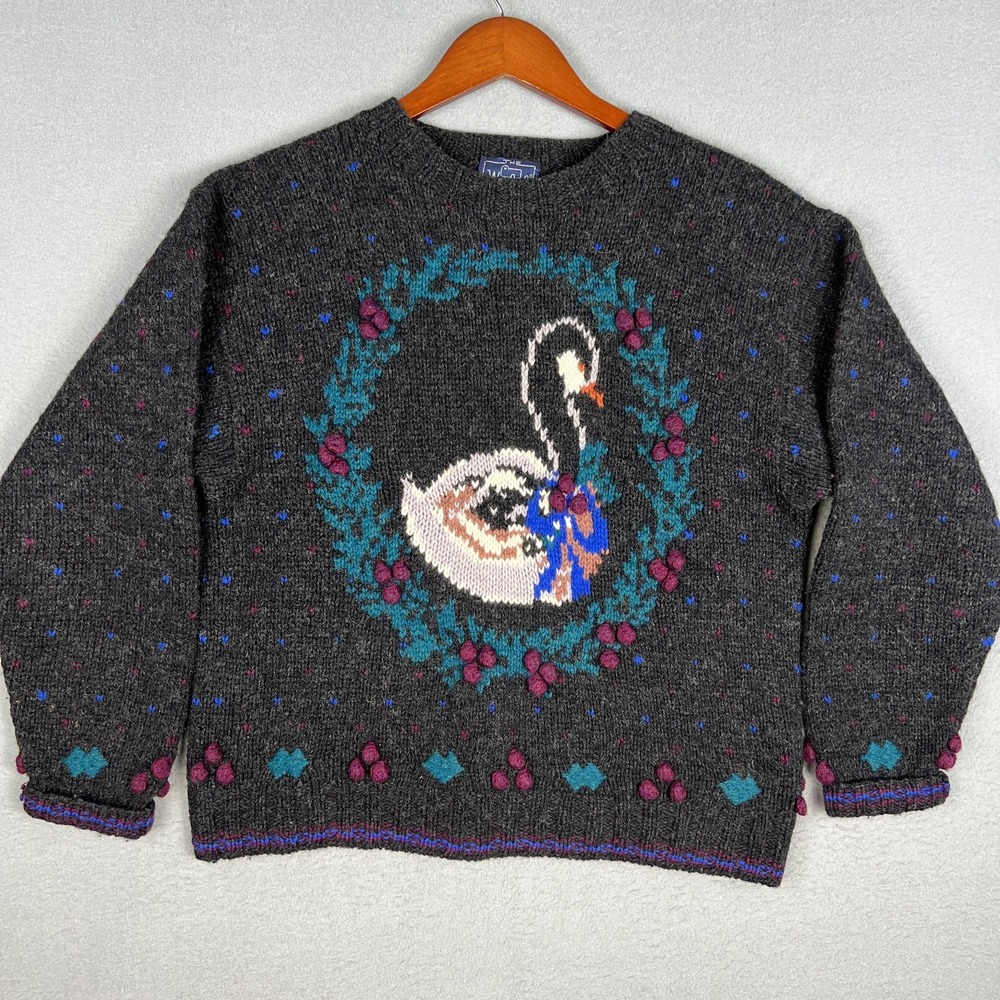 VTG Woolrich Sweater Fits M Wool Swan Bird Floral Granny Cottagecore Knit 90s